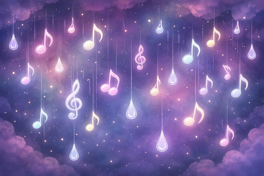 Musiknoten fallen wie Regentropfen (KI-generiert)